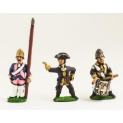 Seven Years War Prussian: Command: Fusilier Officer, Standard Bearer (bare flag pole only - no cast flag) & Drummer pas cher